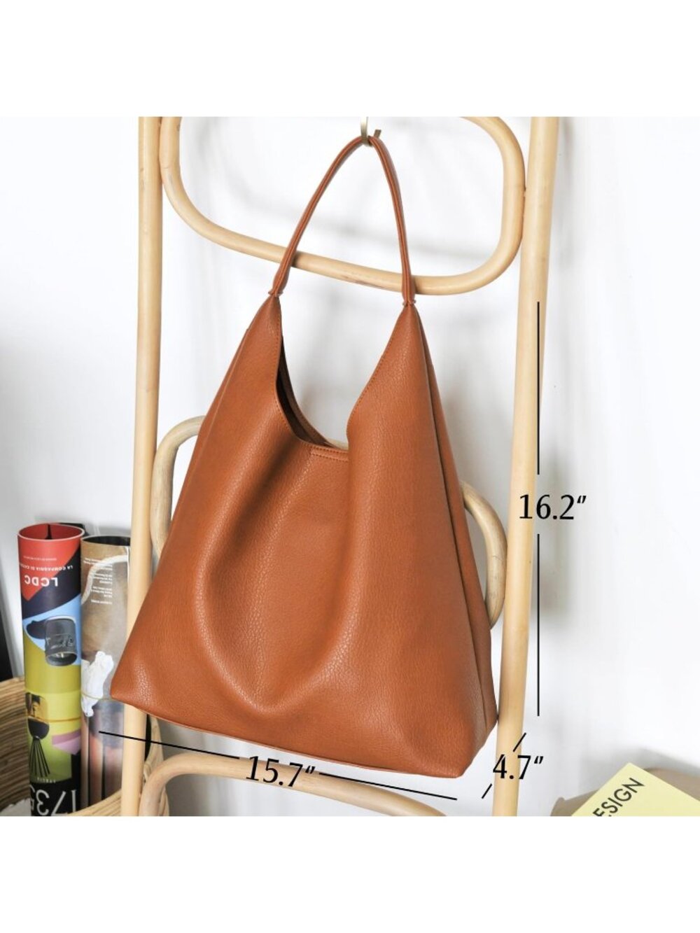 Women's Orange Brown Soft Vegan Leather Hobo Shoulder Bag Slouchy Tote Purse - Picture 4 of 7